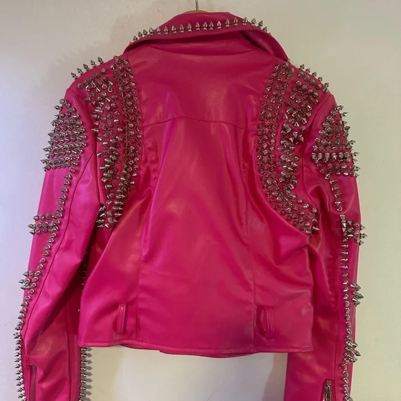 AKIRA Hot Pink Studded Leather Moto Jacket S - Picture 2 of 2